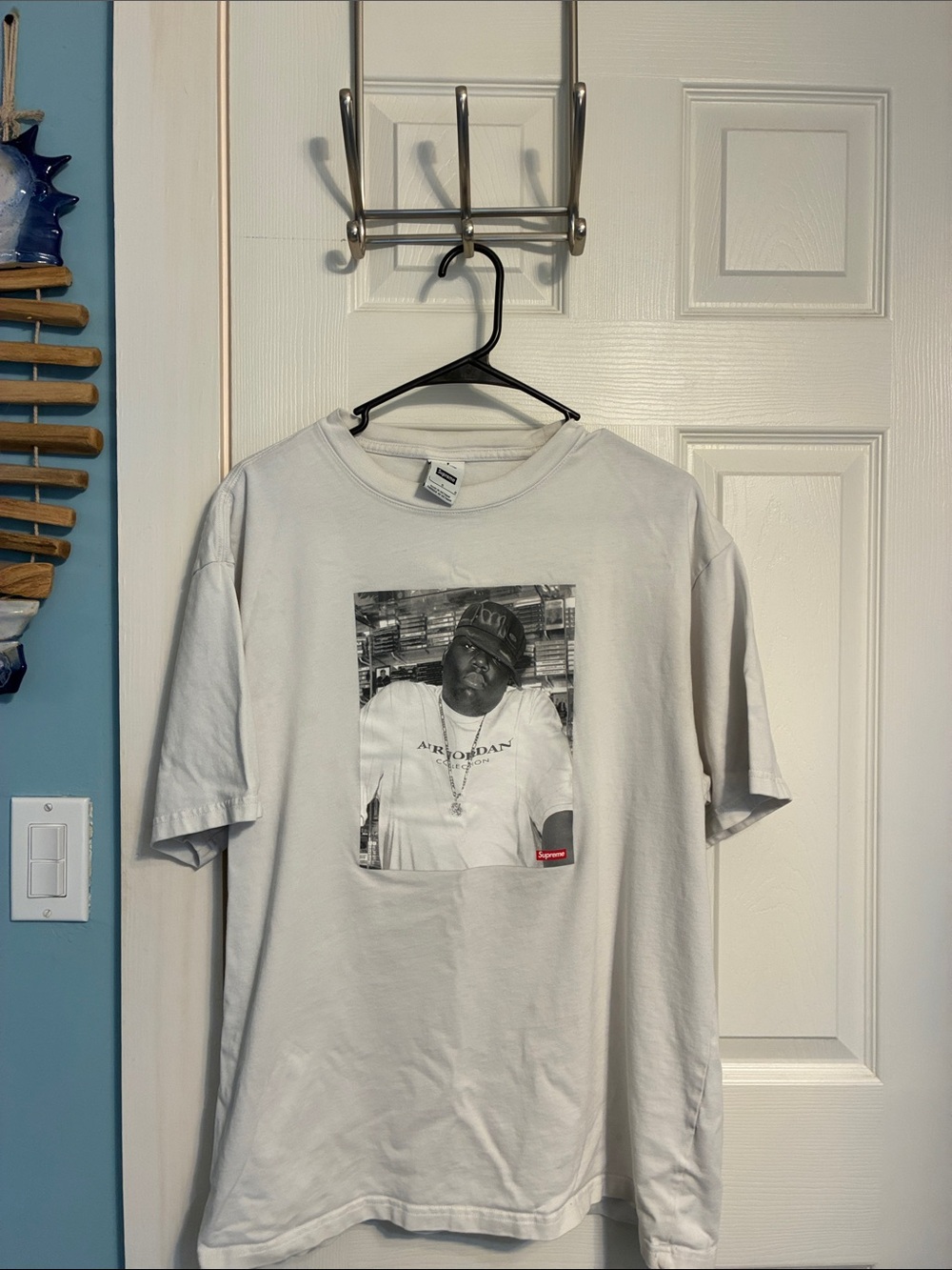 Supreme White Crewneck with Black-and-White Photo Graphic. Biggie Smalls
